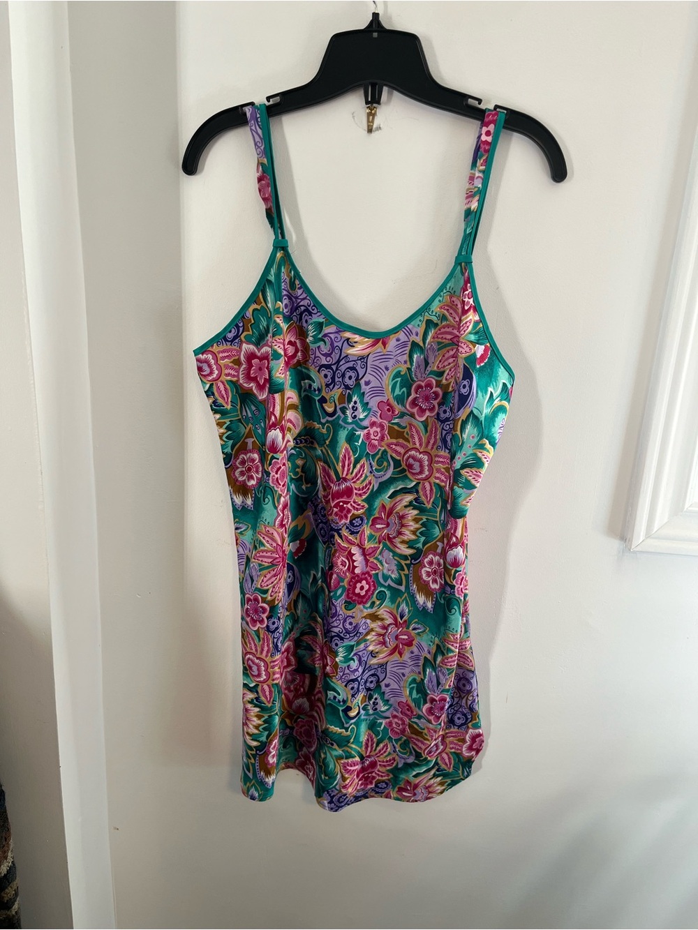 Y2K Floral Teal Satin Cami Slip - Size Small